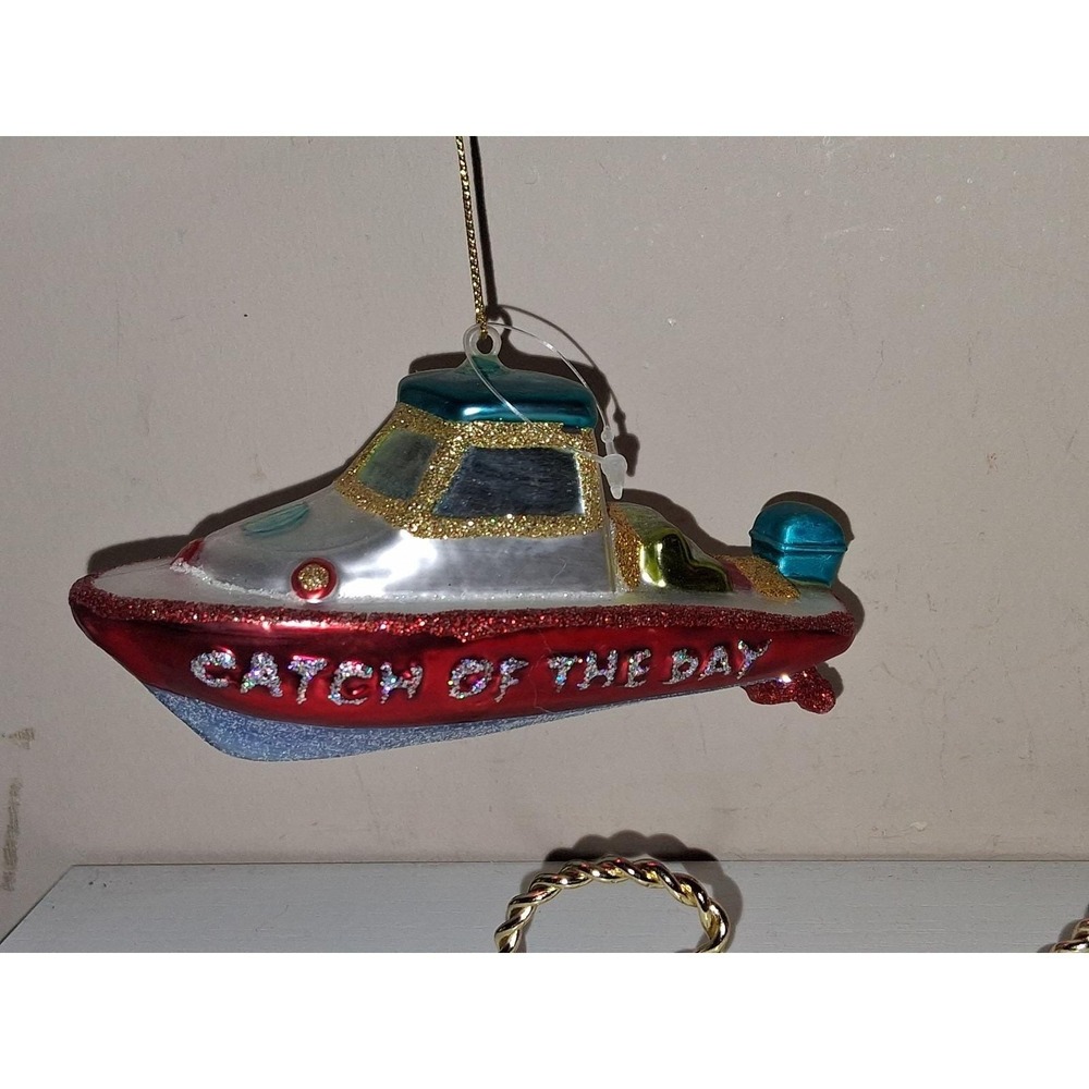 Vintage Glass "Catch of the Day" Fishing Boat Christmas Ornament 5"